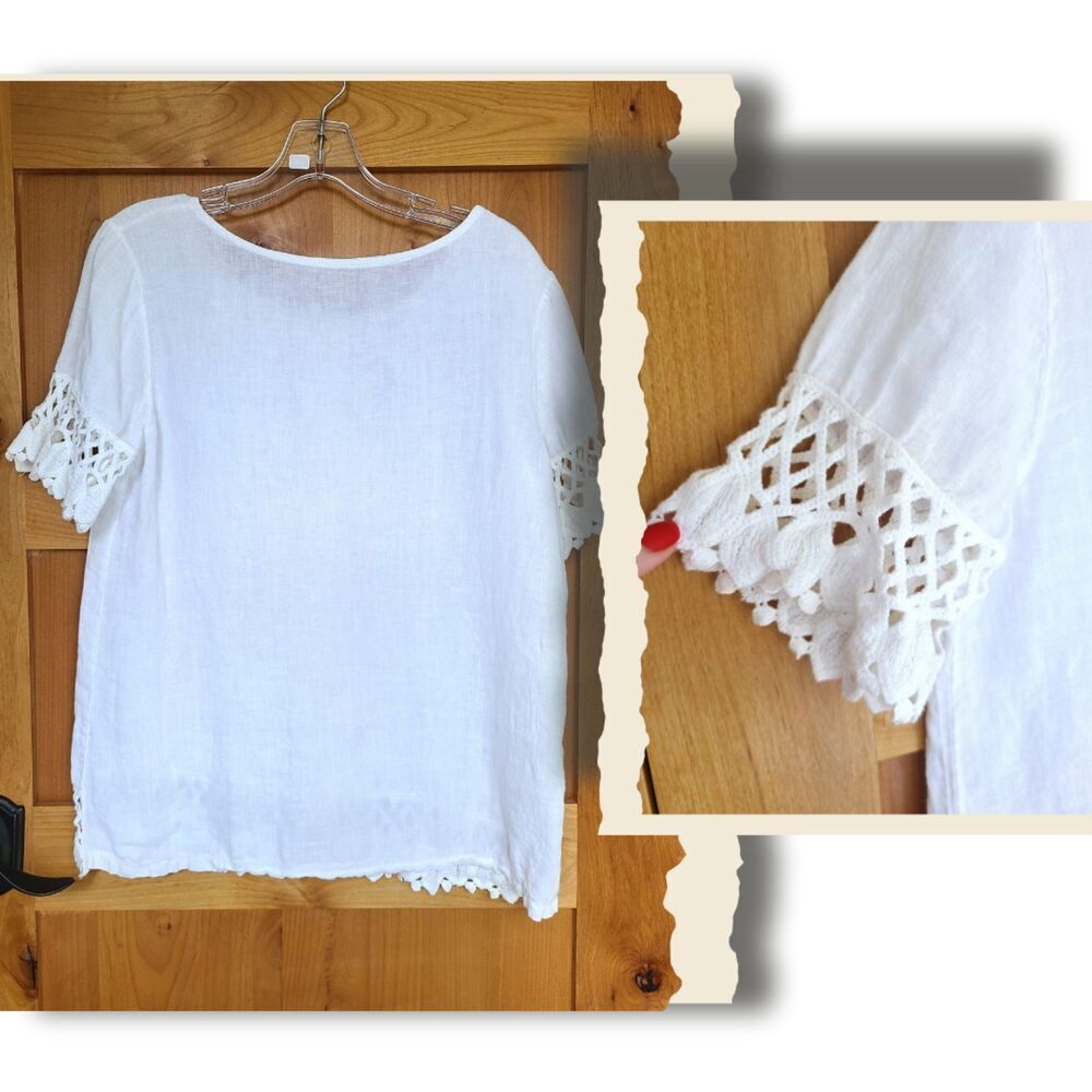 White Minimalist 100% Linen‎ Luxury Lace Trim Shirt Blouse SMALL Made in Italy S